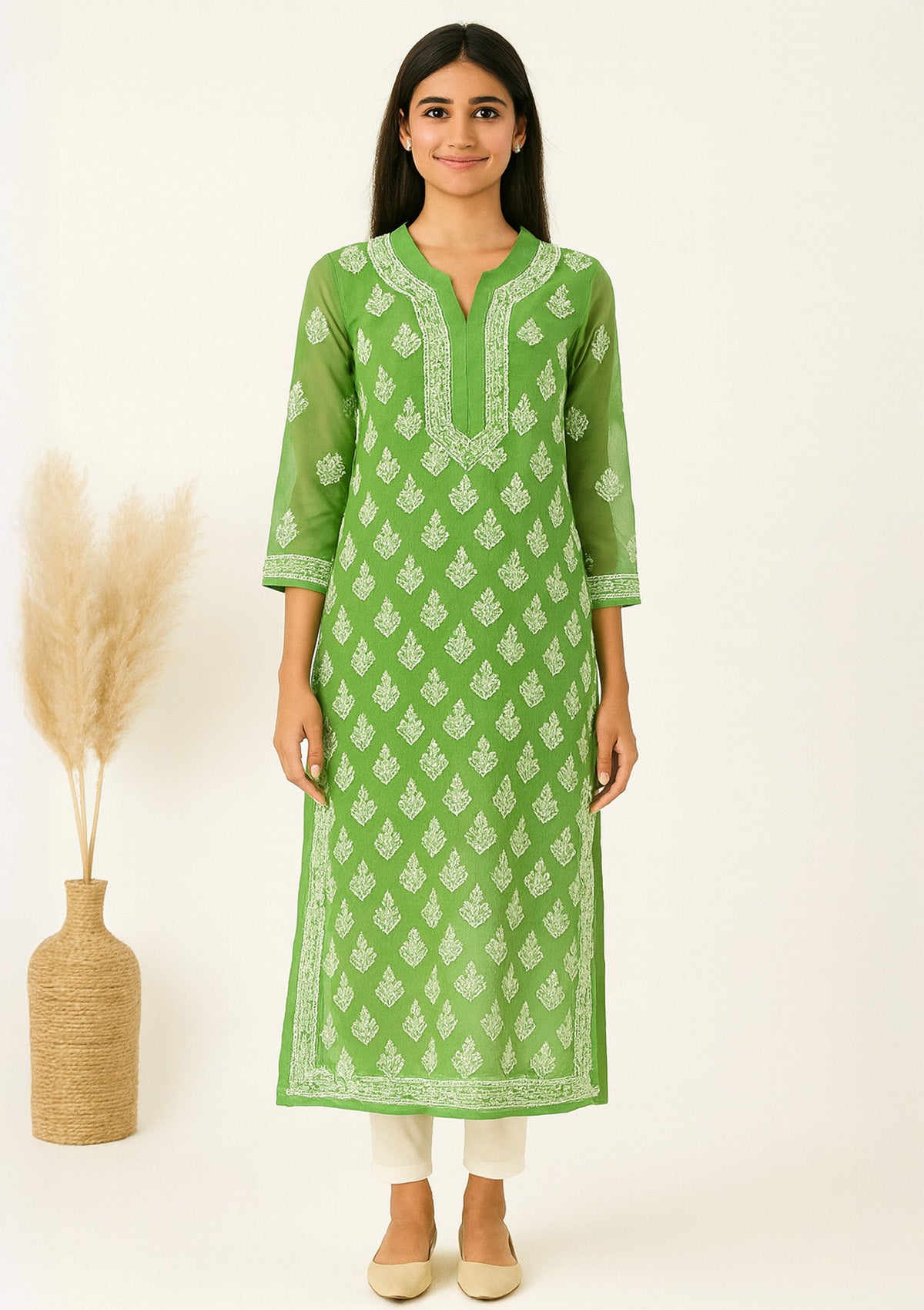 ClothingSutra Green Georgette Kurti with White Chikankari Embroidery 38