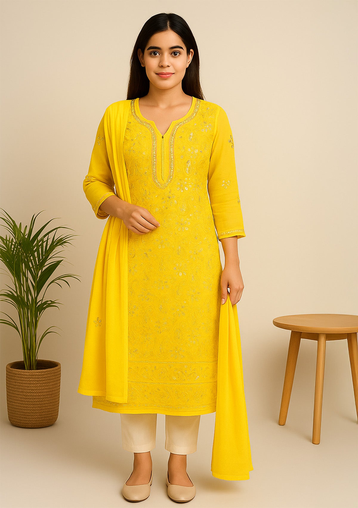 Georgette Chikankari Kurti with Dupatta – Yellow (Gottapatti Embroidery)