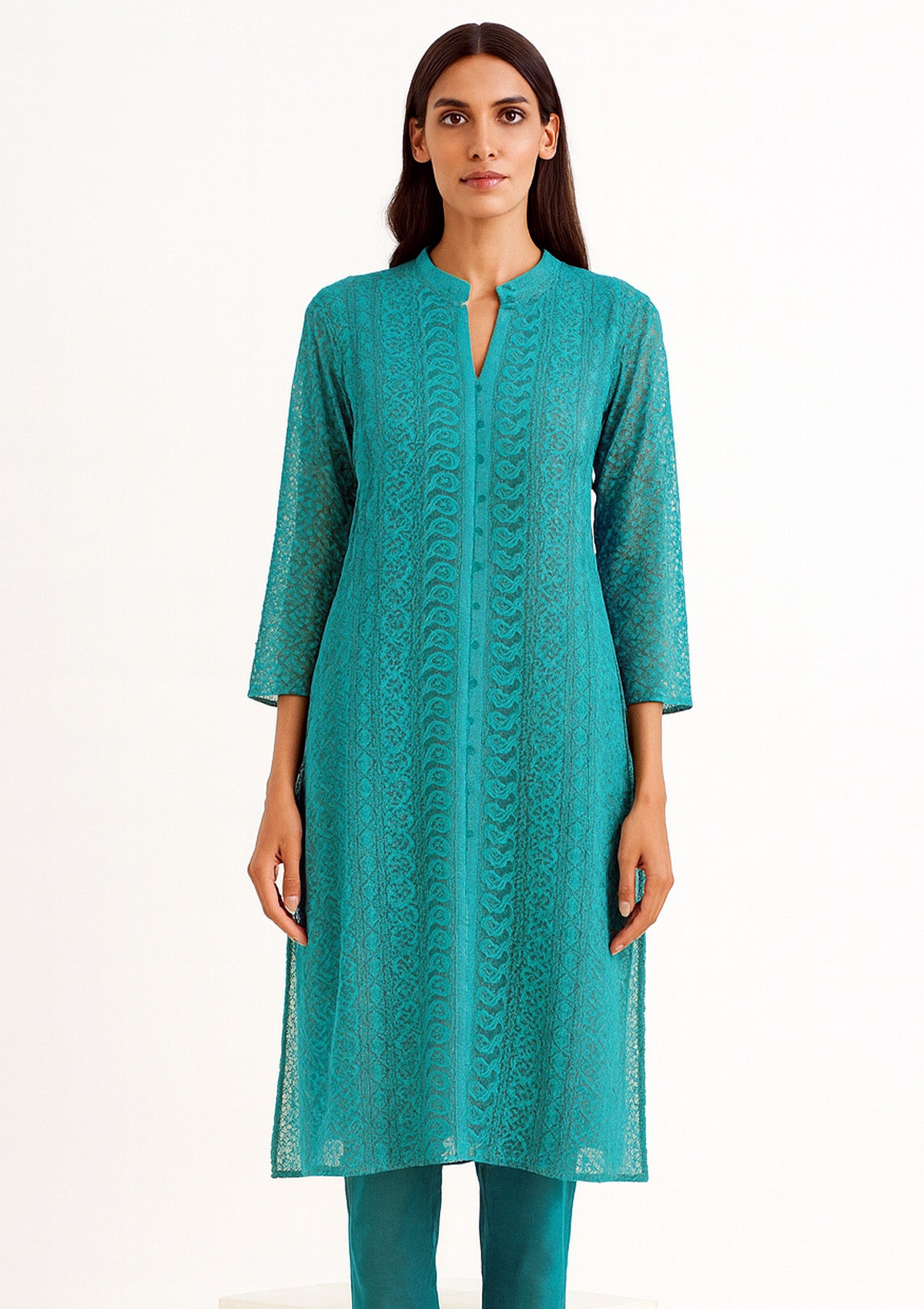 ClothingSutra Teal Georgette Long Kurti with All-Over Chikankari Embroidery