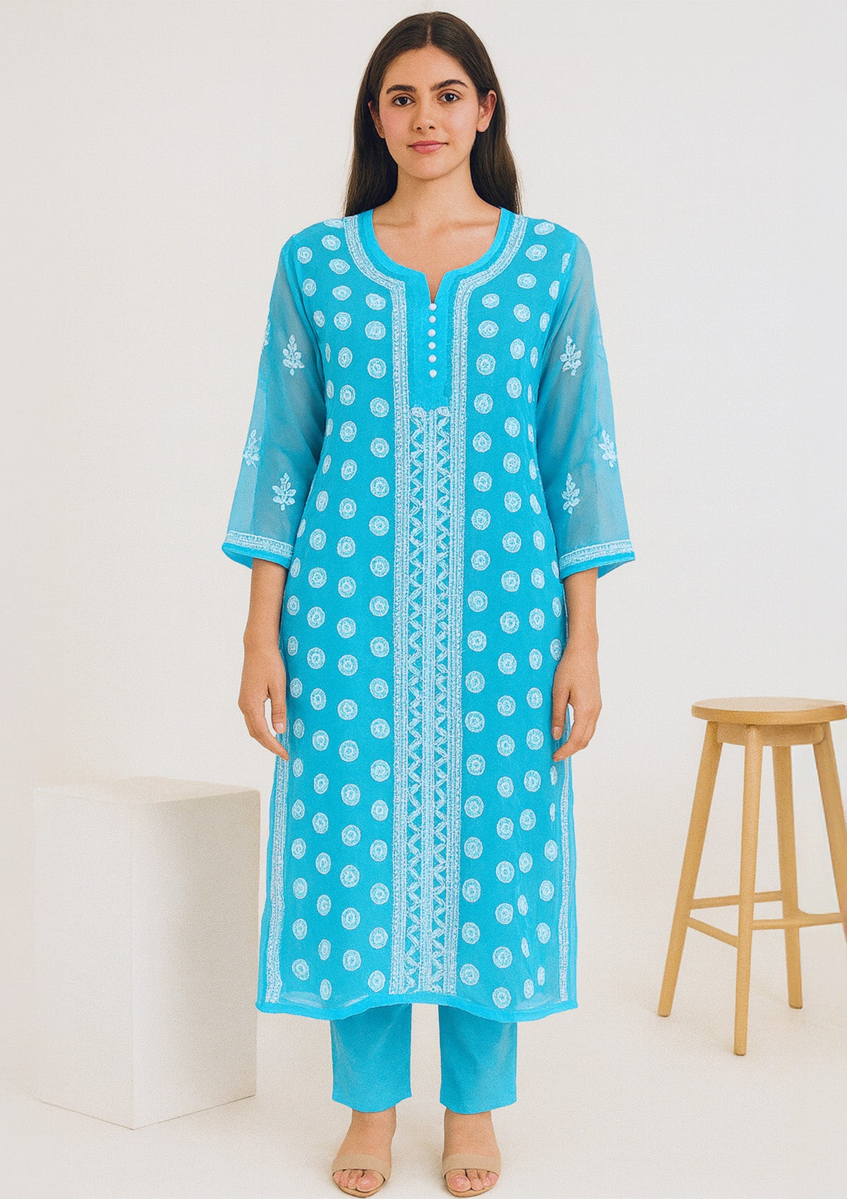Aqua Blue Georgette Kurti with White Chikankari Embroidery
