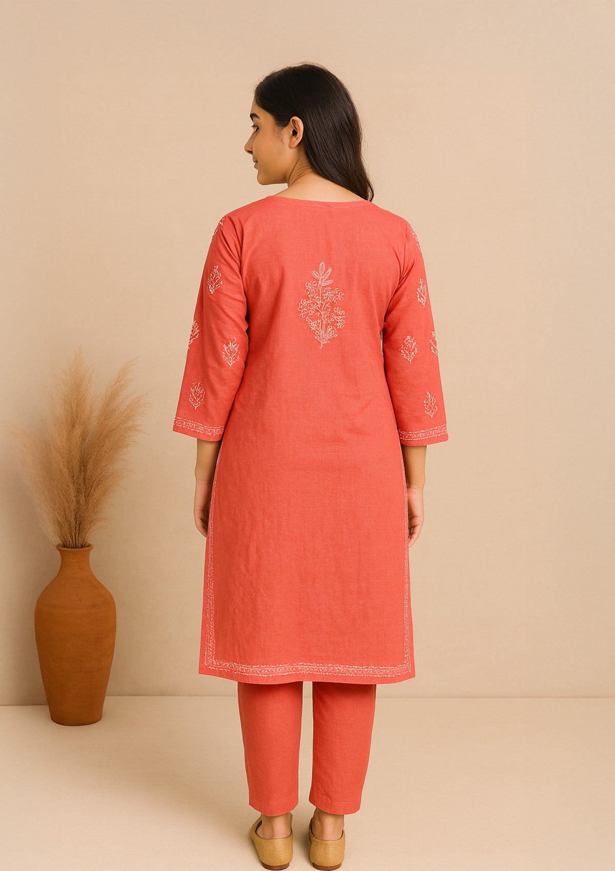 Chikankari Cotton Women’s Kurta – Coral Red