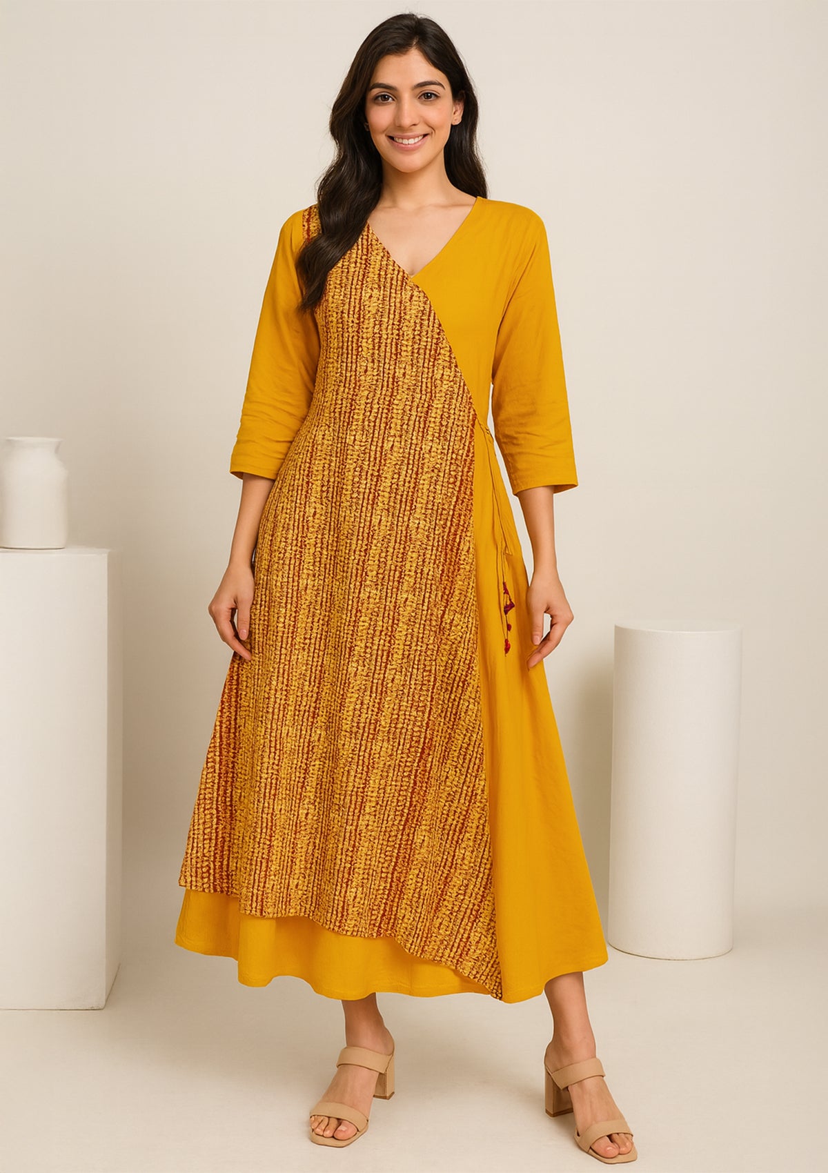 Mustard Yellow & Rust Rayon Cotton One Piece Gown - Casual Ethnic