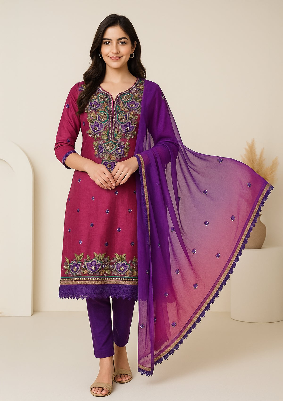 Luxury Magenta Silk Unstitched Suit Set with Heavy Multi-Color Embroidery