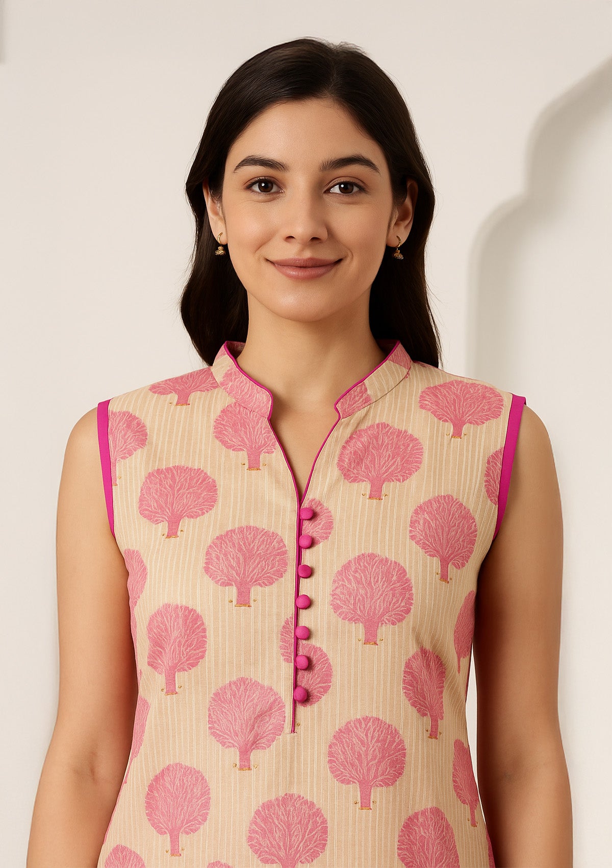 Elegant Beige and Pink Georgette Kurti Set with Artistic Tree Print