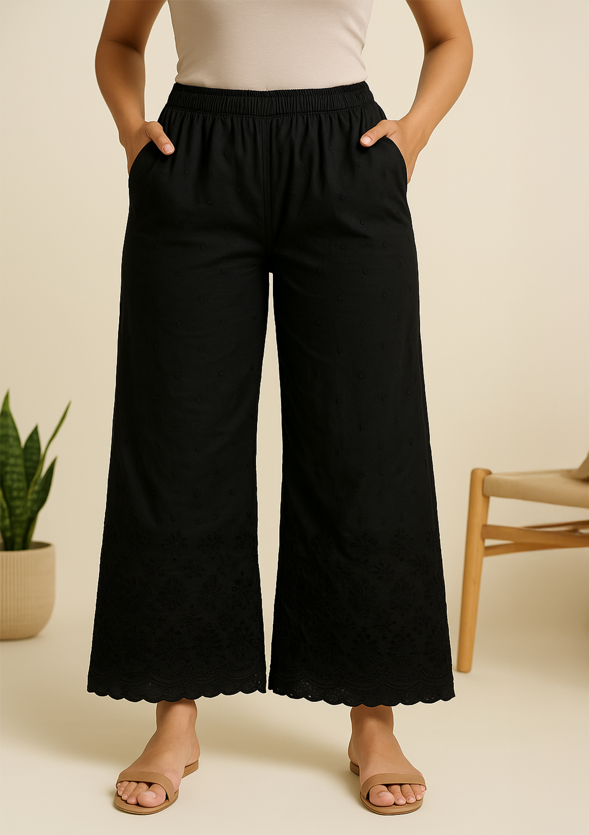 Women’s Black Cotton Palazzo – Chikankari Embroidery Pant