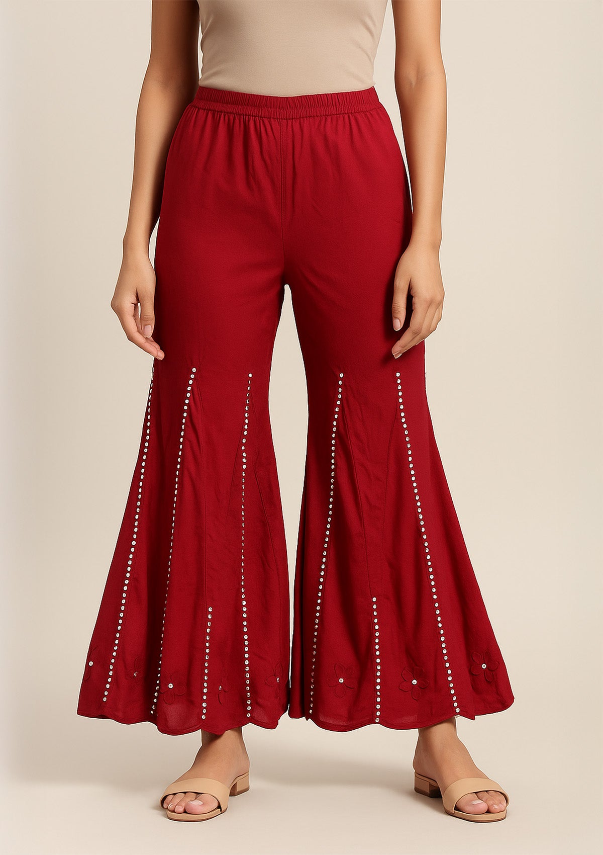 Maroon Rayon Sharara – Mirror Work Flared Designer Pants