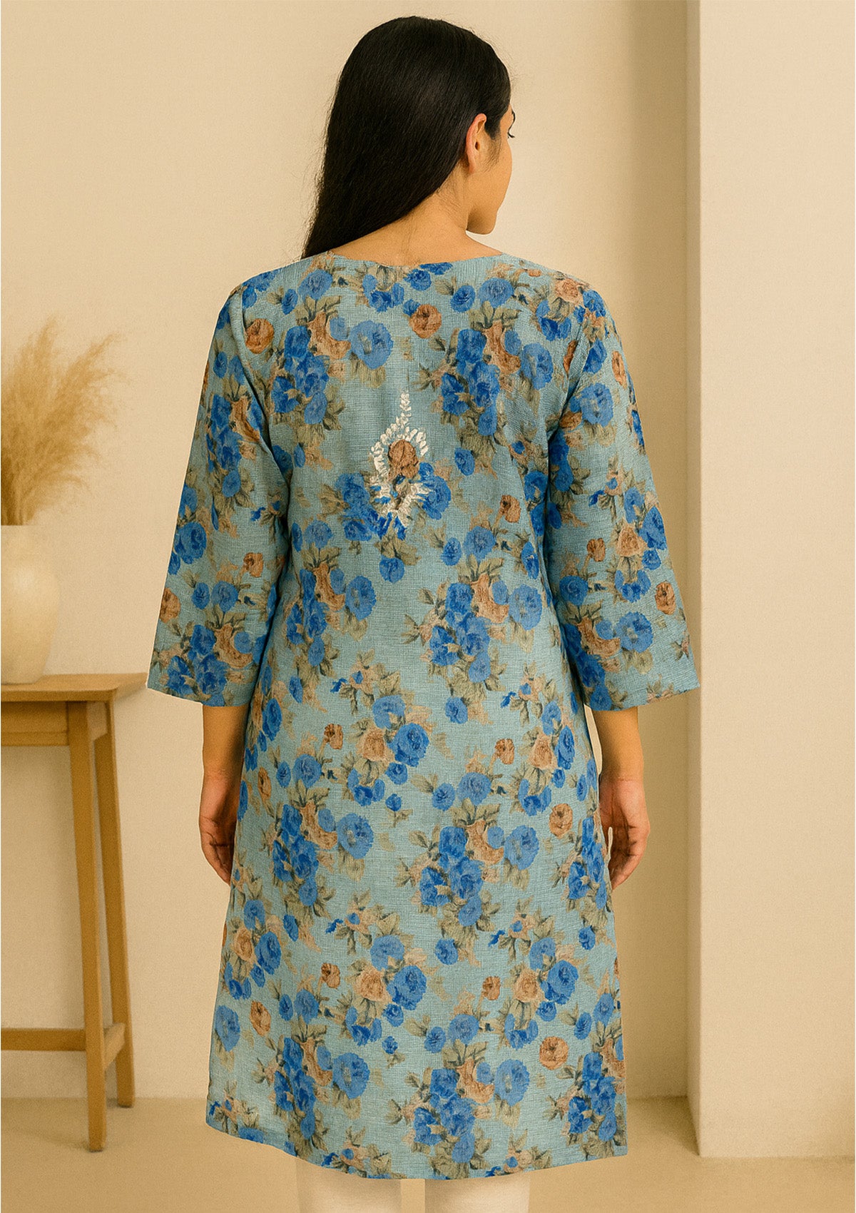 Blue Floral Kota Doria Kurti with Embroidery