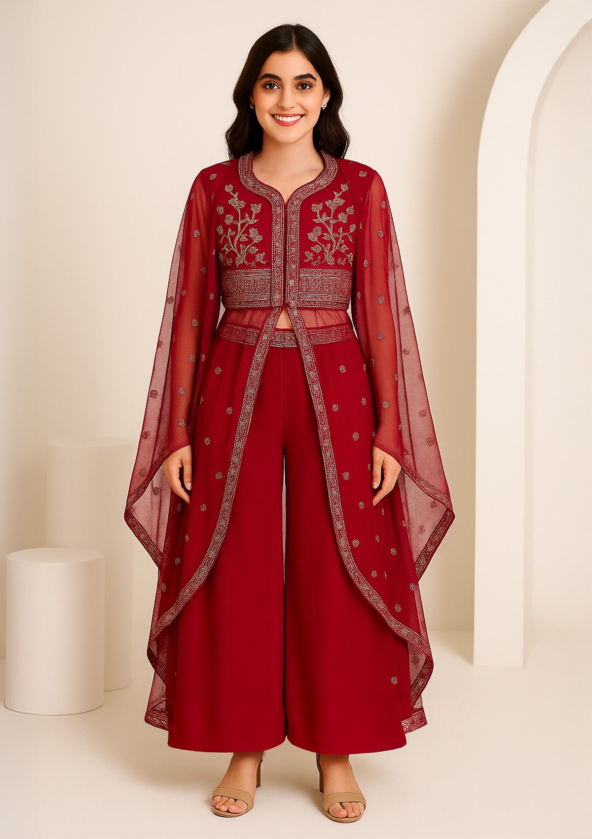 Elegant Maroon Georgette Palazzo Suit with Net Embroidered Jacket