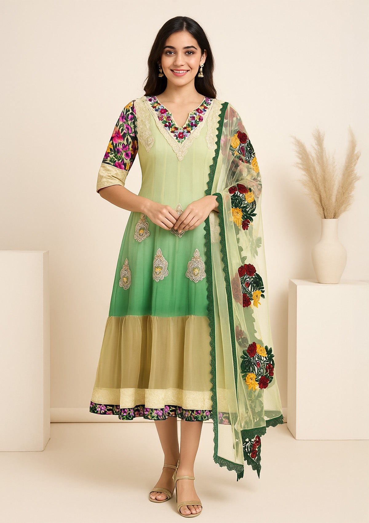 Green Silk & Net Kurta Gown with Embroidered Dupatta