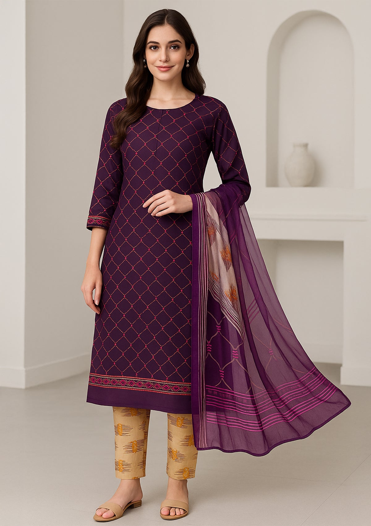 Purple Cotton Unstitched Suit Set with Beige & Yellow Printed Bottom