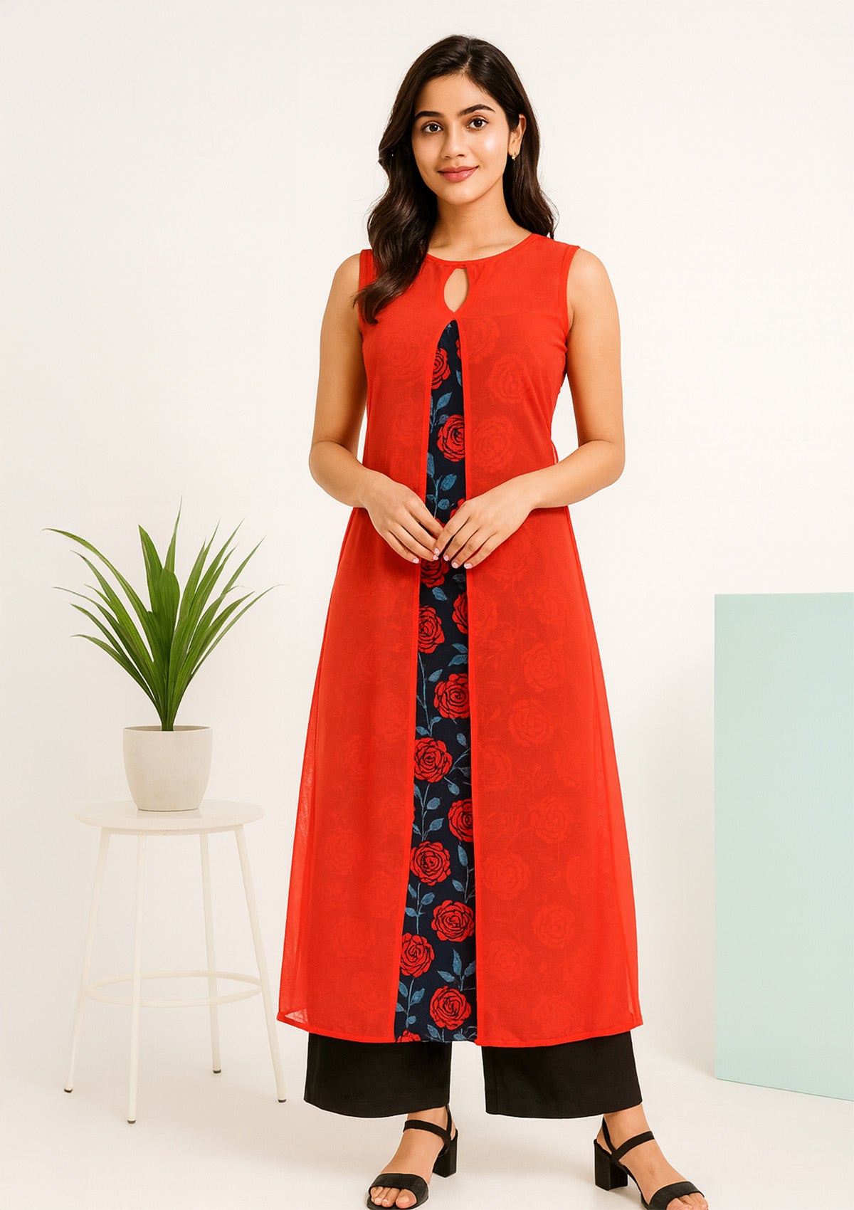 Women Georgette A-Line Kurti – Fiery Red Overlay & Floral Sheer