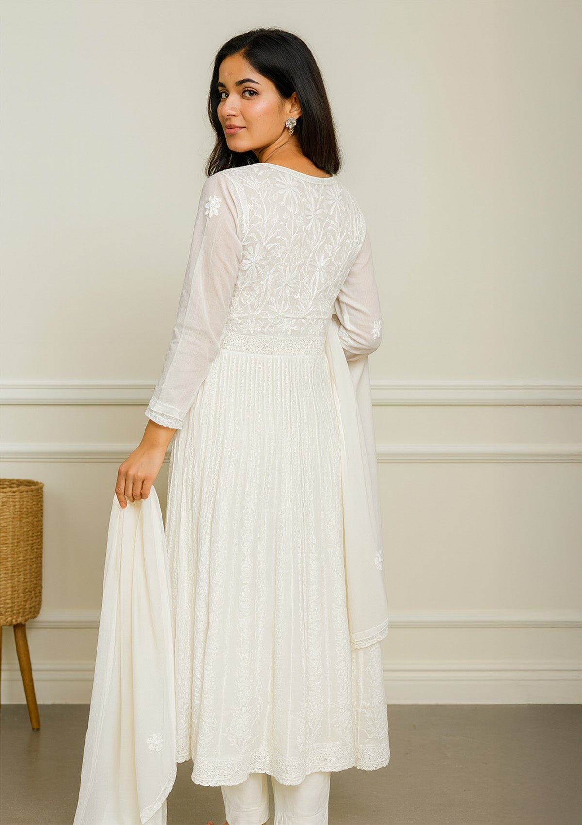 White Georgette Embroidered Kurti with Dupatta