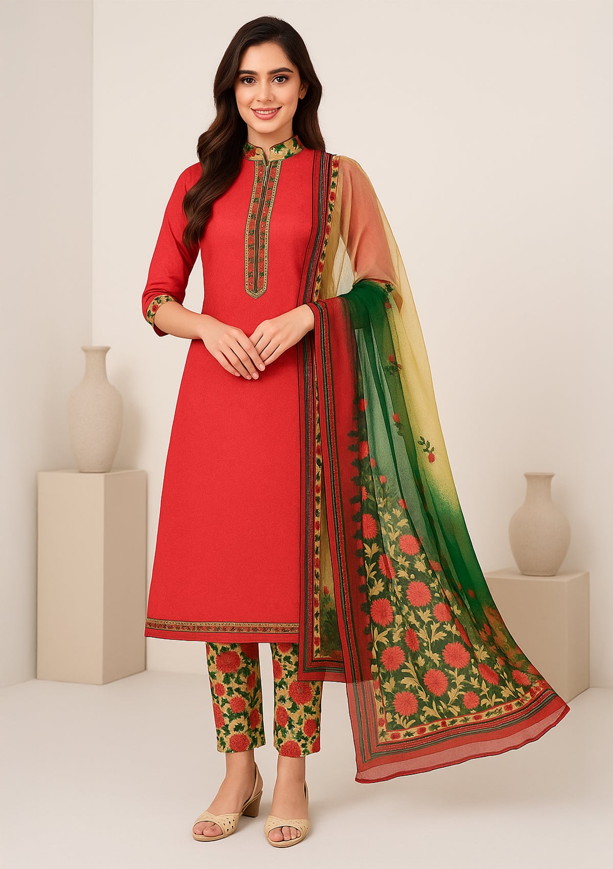 Red & Green Cotton Unstitched Suit Set with Printed Cotton Bottom