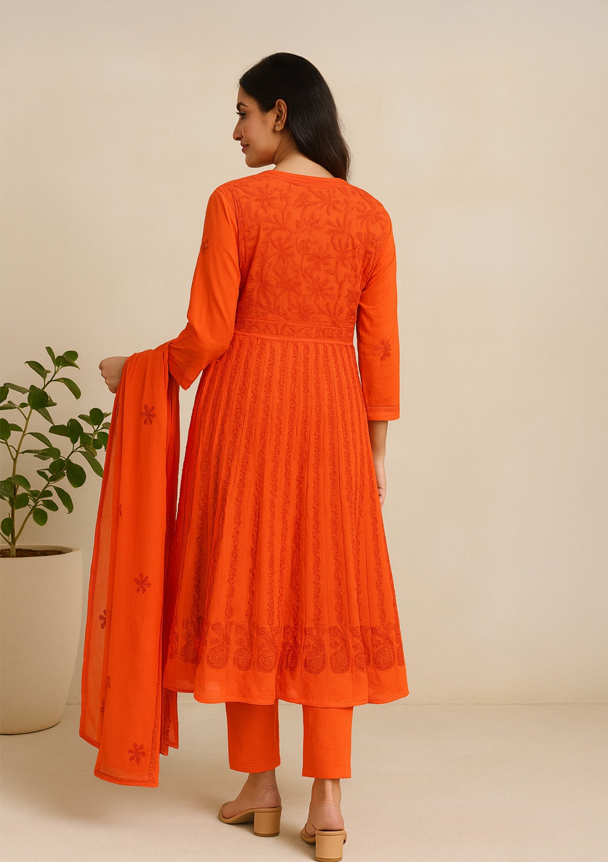 Orange Georgette Embroidered Kurti with Dupatta – Sheer Elegance