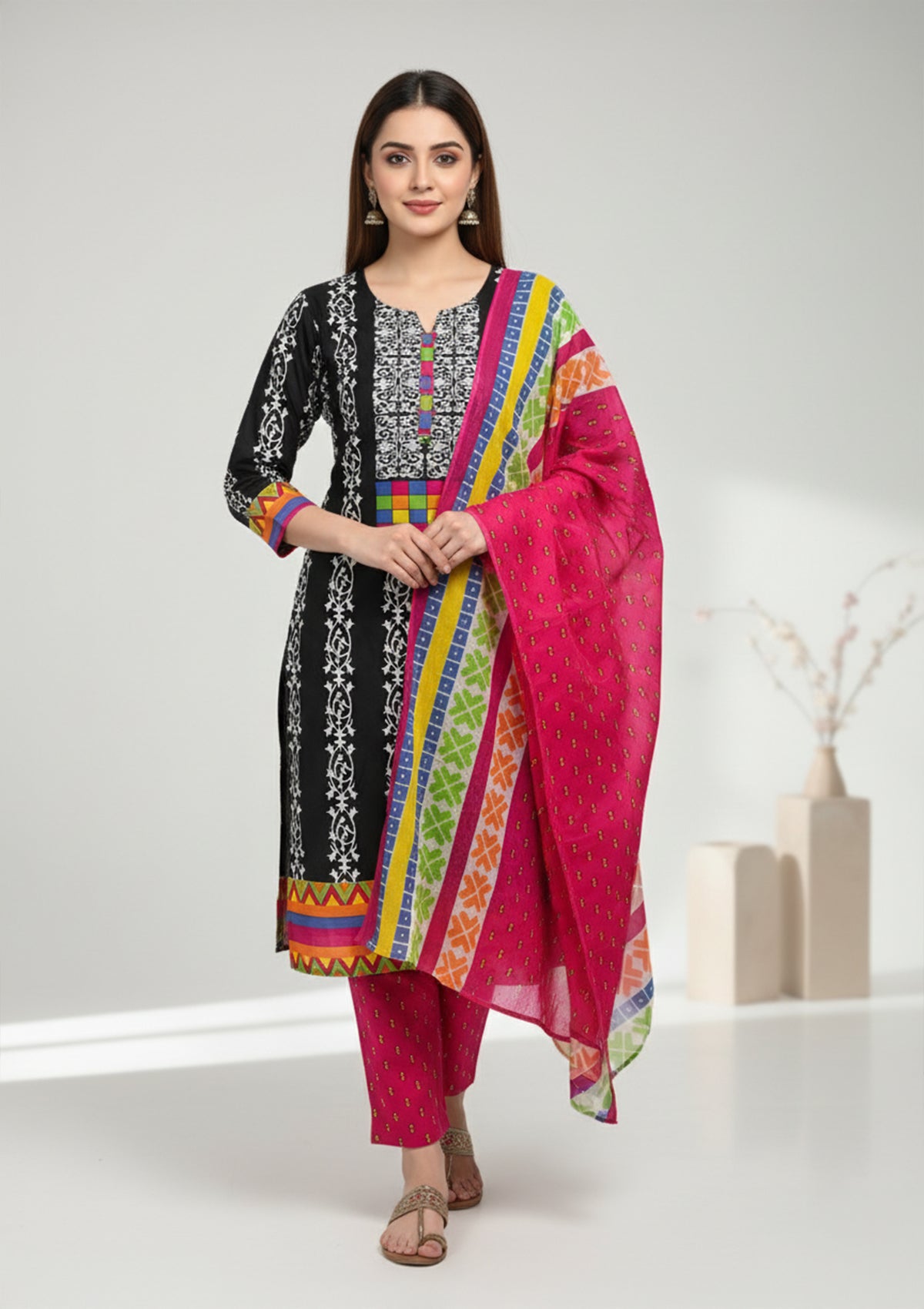 Black Cotton Unstitched Suit Set - Multi-Color Patch Work
