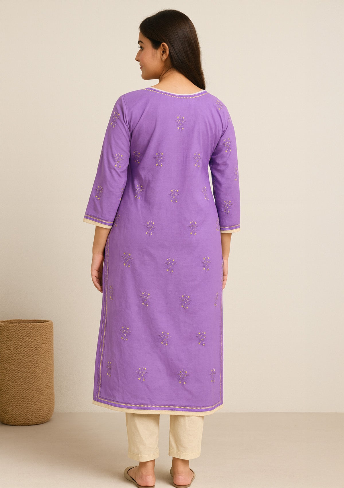 Chikankari Solid Women’s Long Kurta – Purple