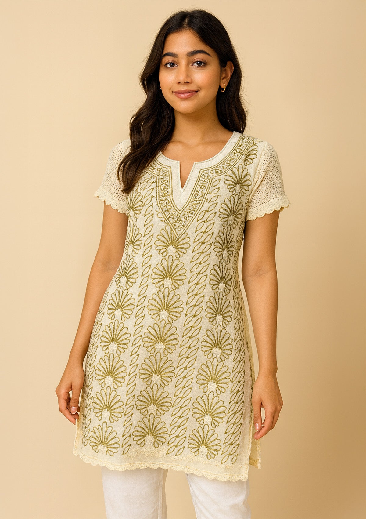 Elegant Short Cream Cotton Embroidered Kurti – Half Sleeves