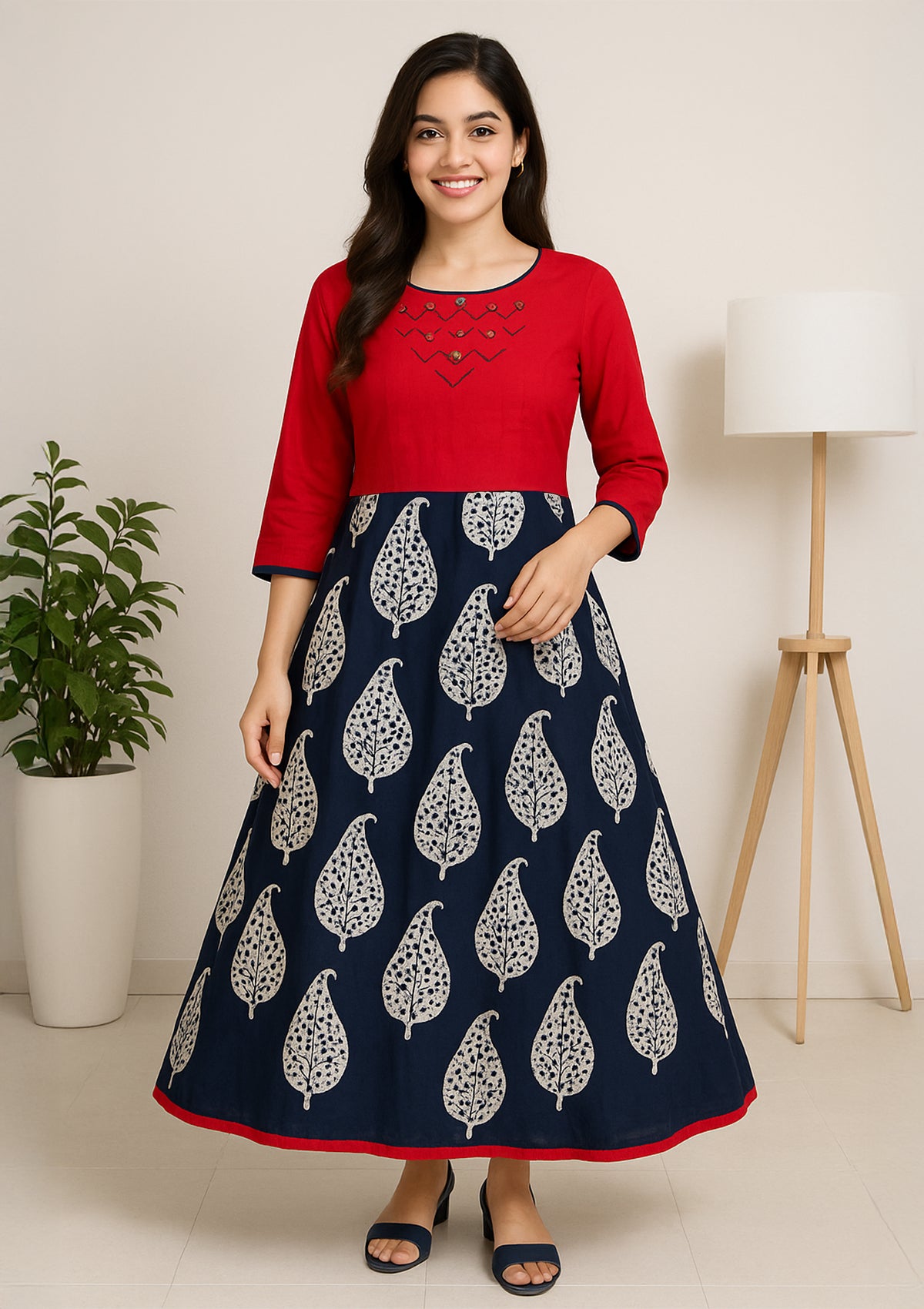 Red & Navy Blue Leaf Print Rayon One Piece Gown - Flared Maxi Dress