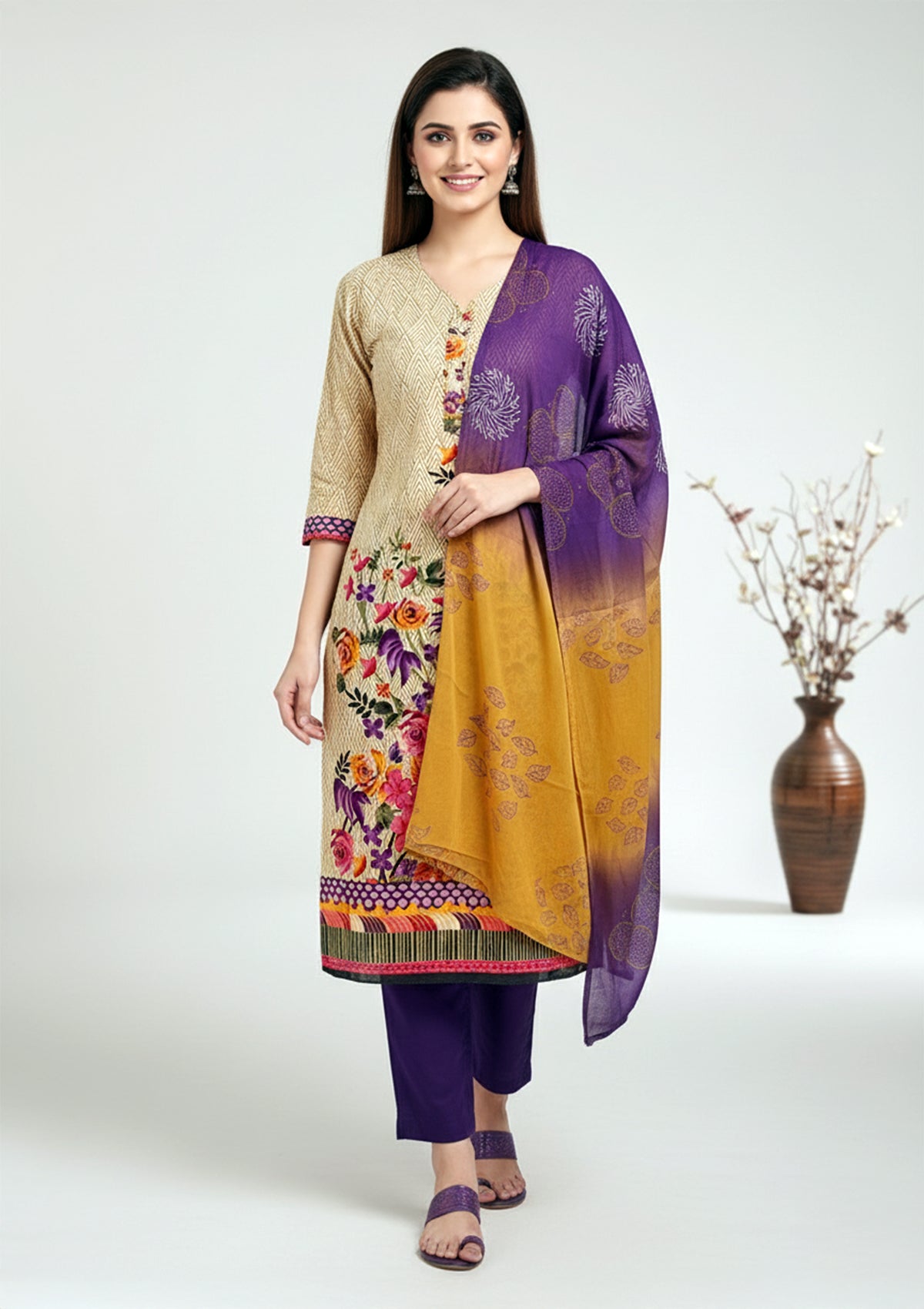 Cream Multicolor Floral Printed Cotton Unstitched Suit Set