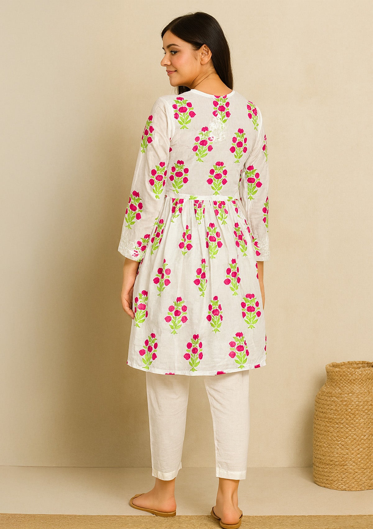 White & Pink Floral Embroidered Kurti – Cotton