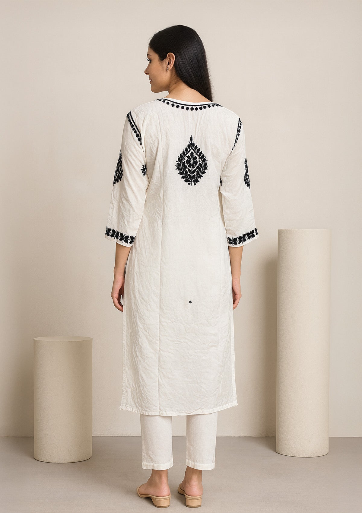 Chikankari Solid Women’s Long Kurta – White with Black Embroidery