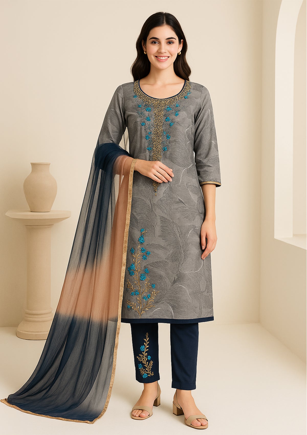 Stylish Grey Cotton Unstitched Suit with Blue Embroidered Rayon Bottom