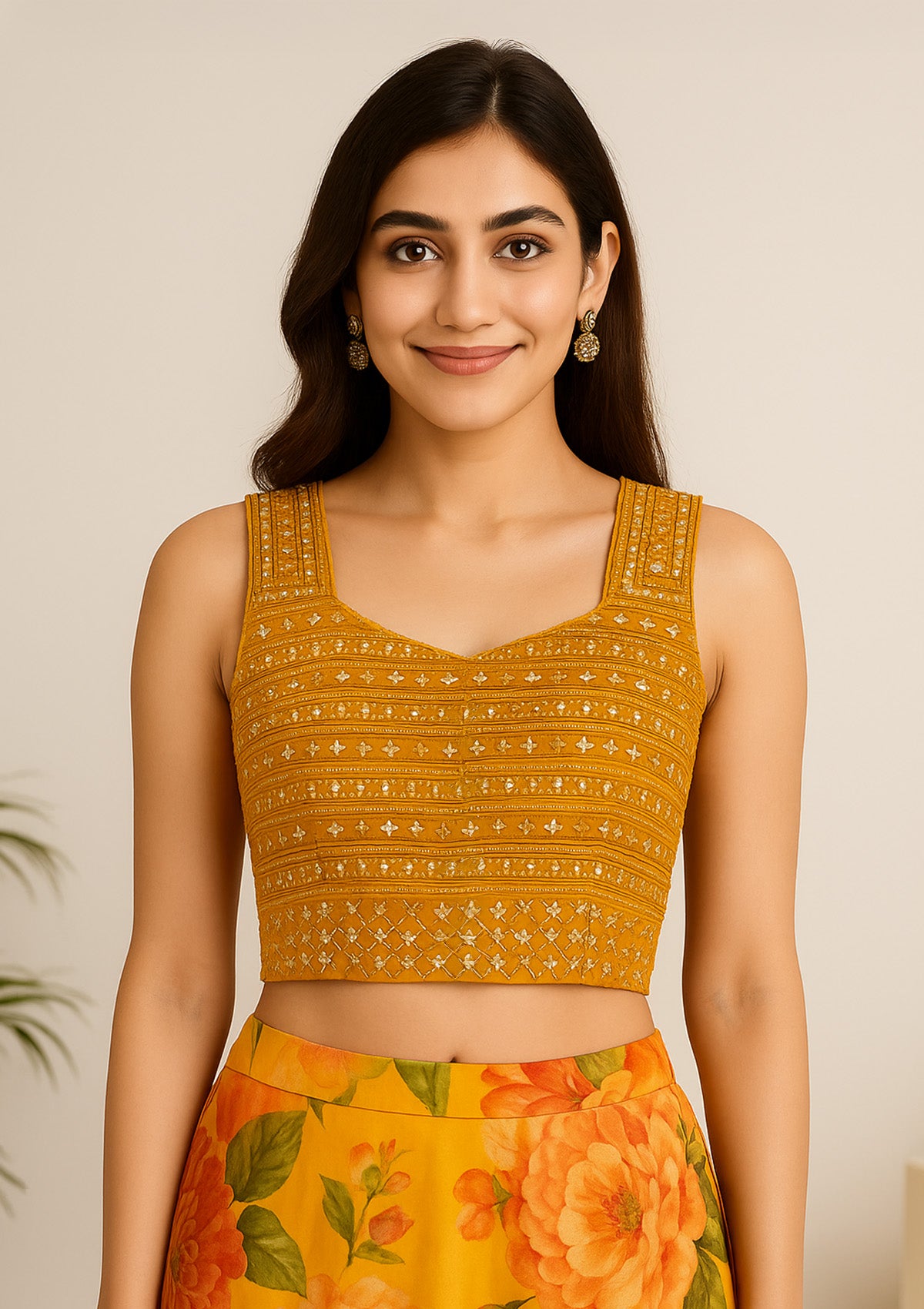 Mustard Yellow Mirror Work Crop Top with Vibrant Floral Print Skirt