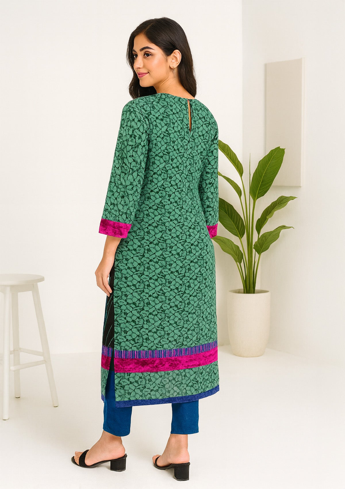 Peacock Inspired Winter Kurti – Velvet Collar & Printed Long Kurti