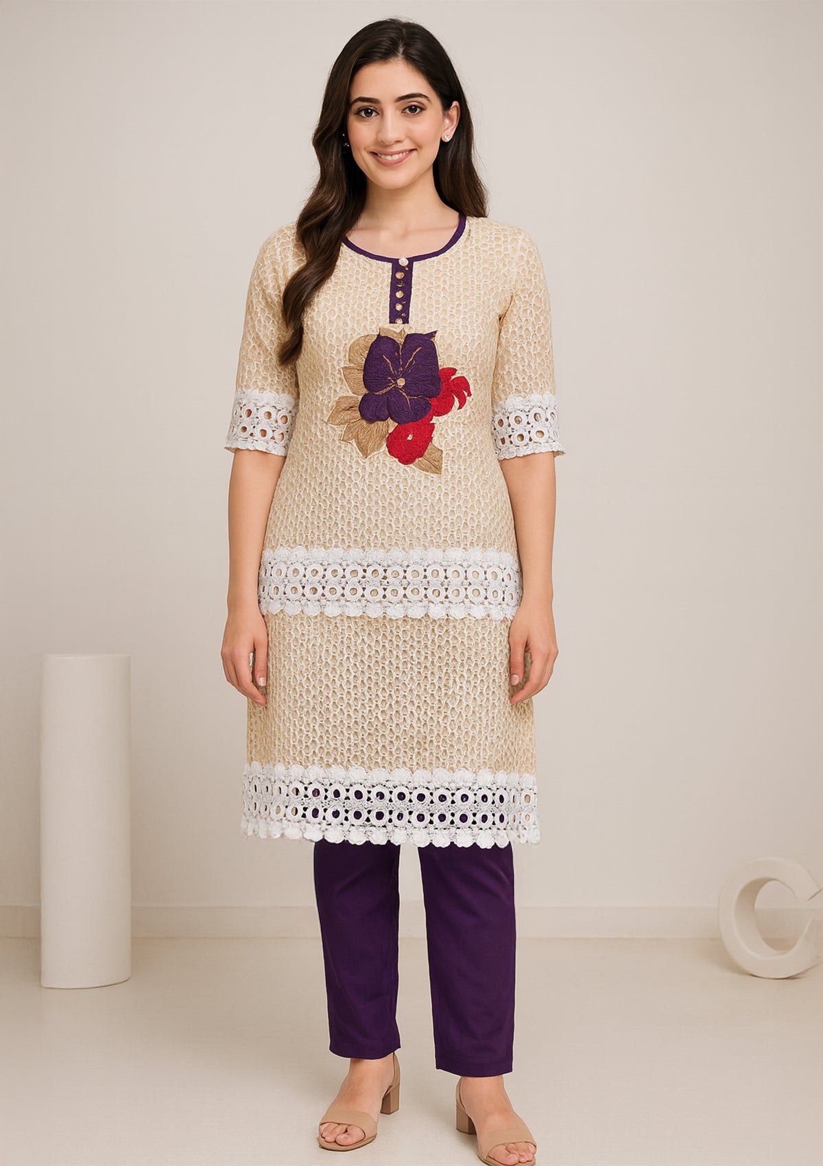 Cream Net Cotton Semi Stitched Suit Set with White Embroidered Lace Panel