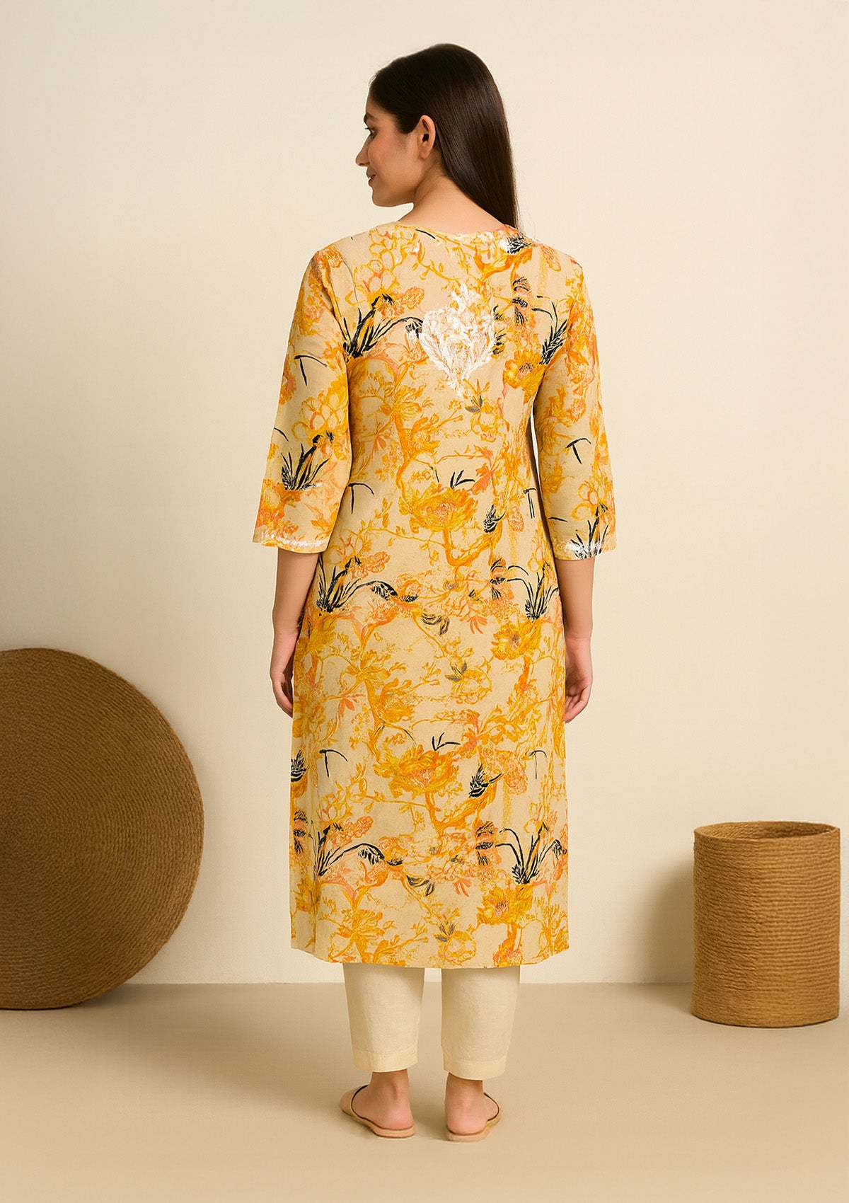 Floral Print Cotton Kurta – Pastel Yellow with White Embroidery