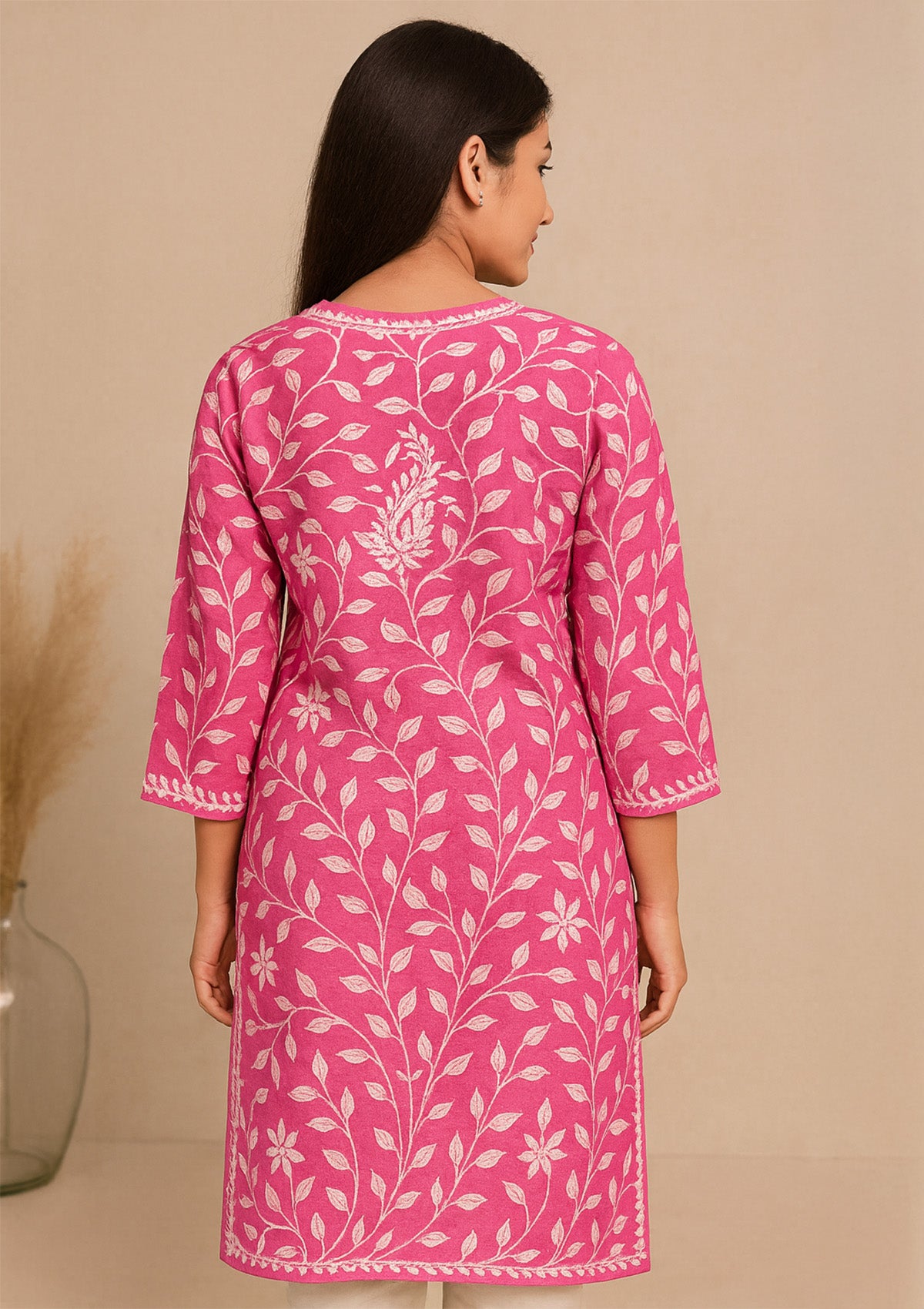 Chikankari Solid Women’s Long Kurta – Pink with White Embroidery