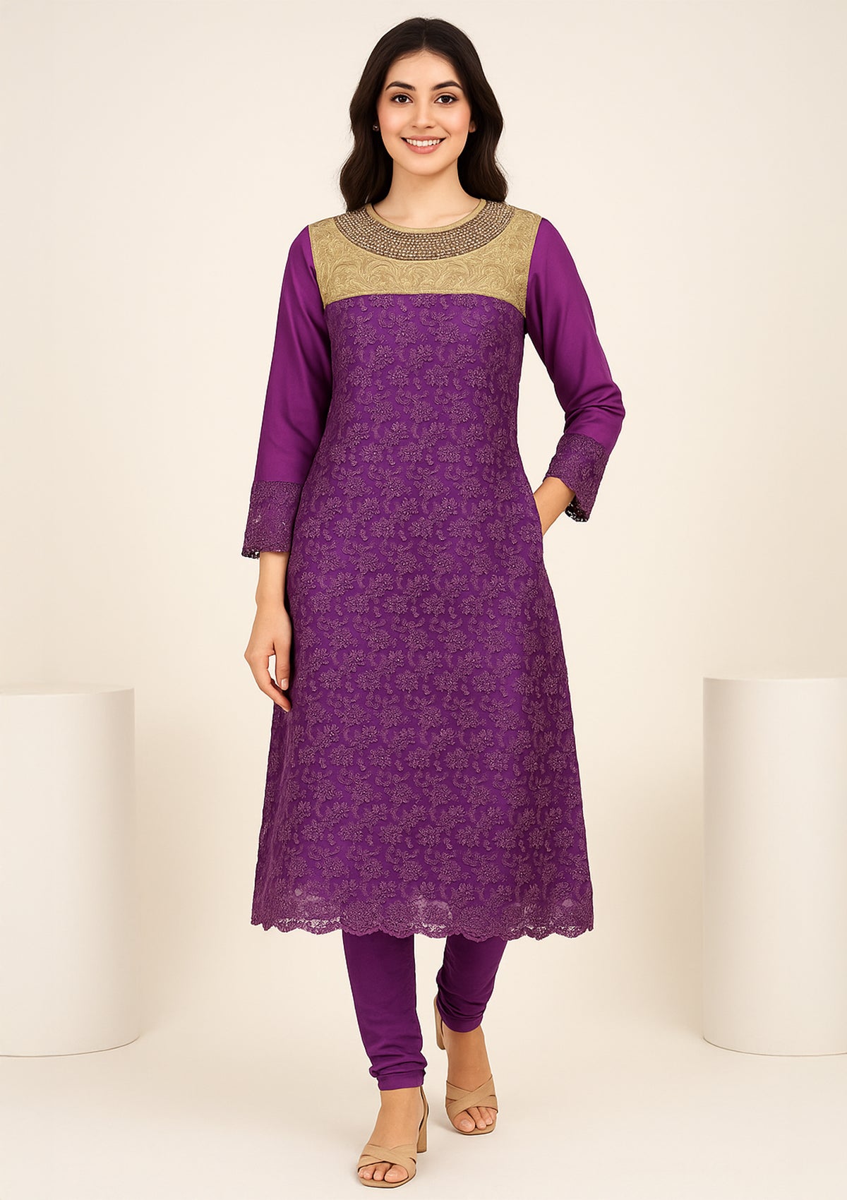 Purple Georgette & Net Work Kurti  – Heavy Golden Embroidered Yoke