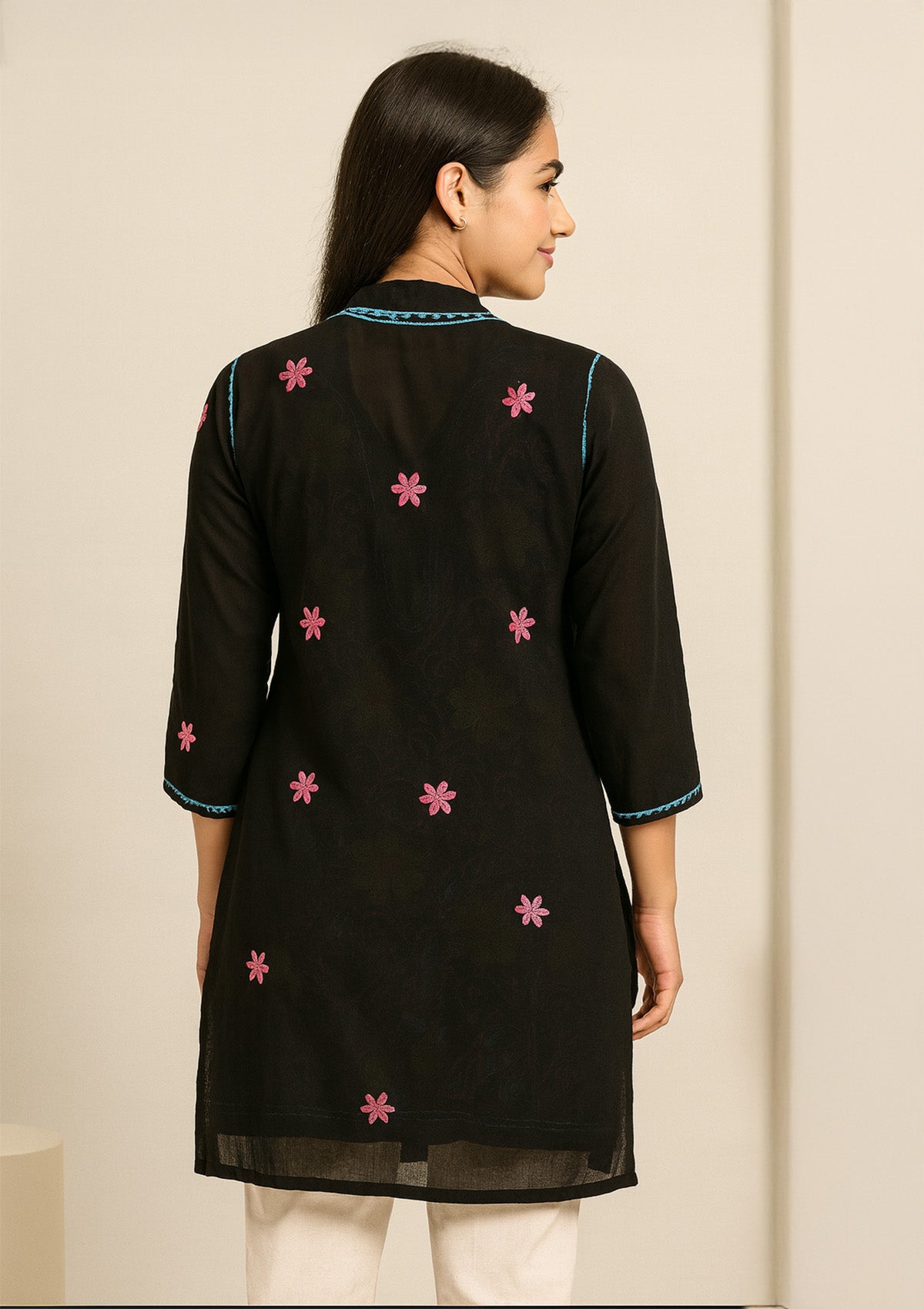 Black Multicolor Floral Embroidered Georgette Kurta – Short & Stylish