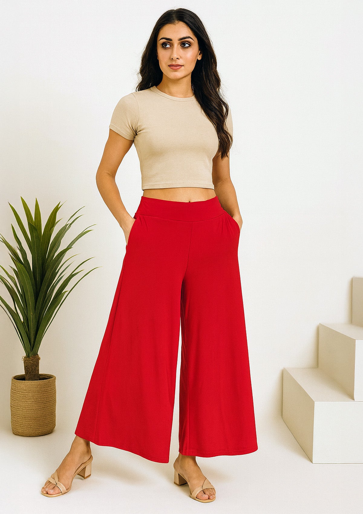Women’s Red Palazzo – Wide Leg Flared Pants for Casual Wear