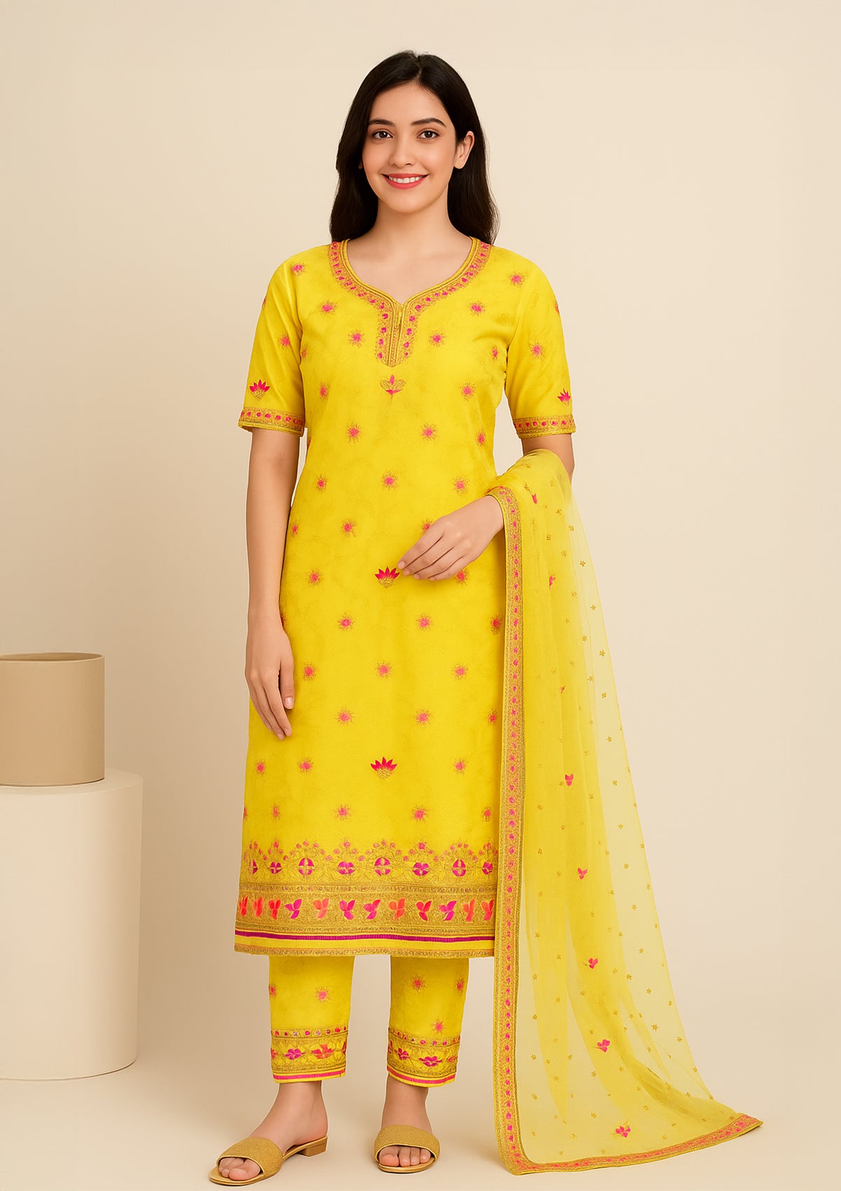 Yellow Silk Zari Embroidered Unstitched Suit with Pure Net Dupatta