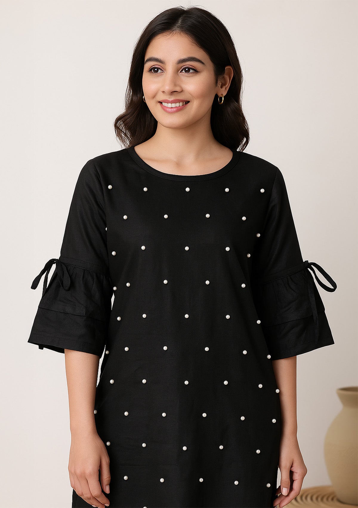 Stylish Black Cotton Kurti with Decorative Pearl Embellishments
