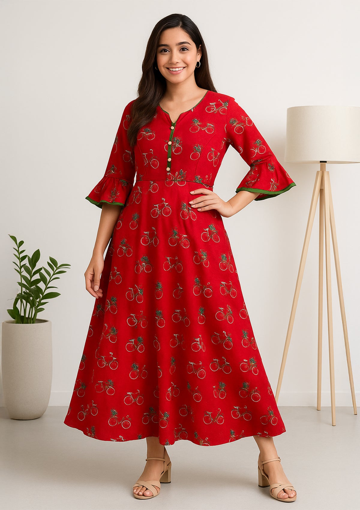 Red Bicycle Print Rayon One Piece Gown  – Bell Sleeve A-Line Maxi Dress