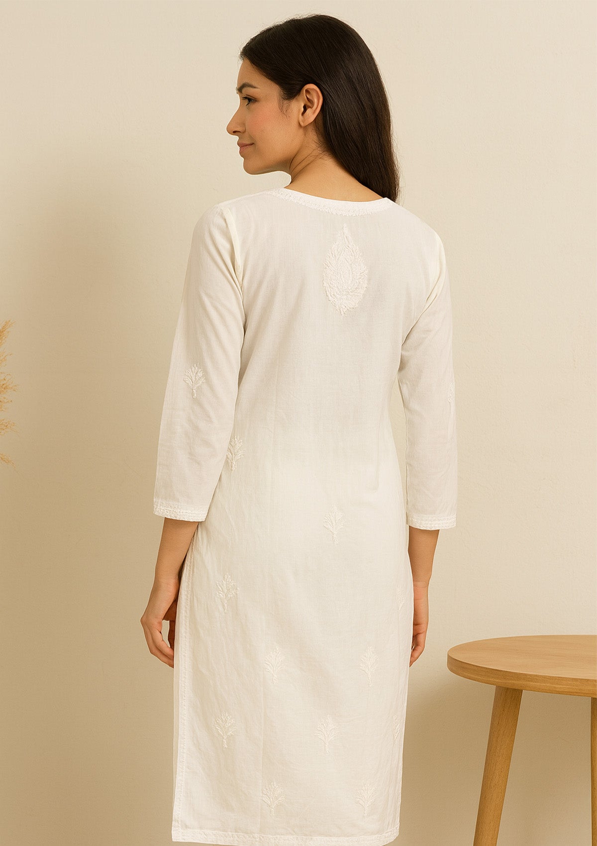Chikankari Solid Women’s Long Kurta – Classic White Cotton