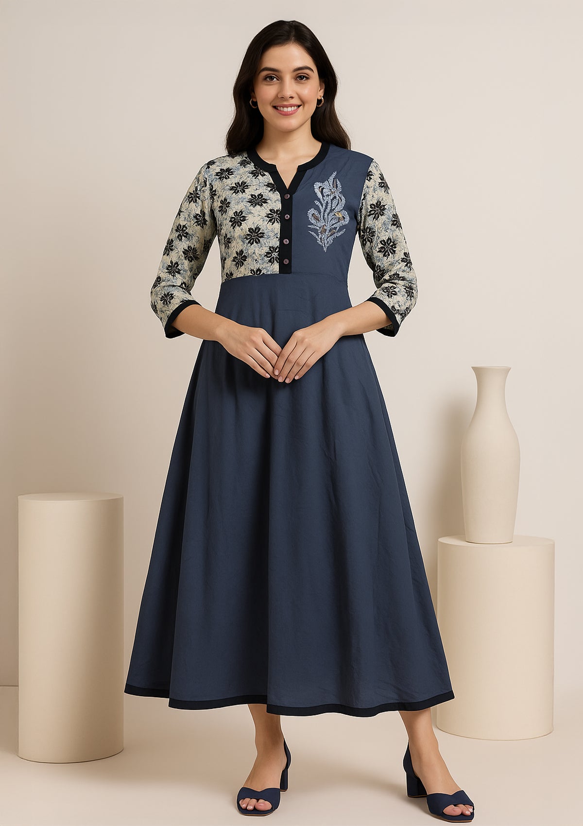 Blue and White Floral Printed One Piece Gown - Panel Embroidery