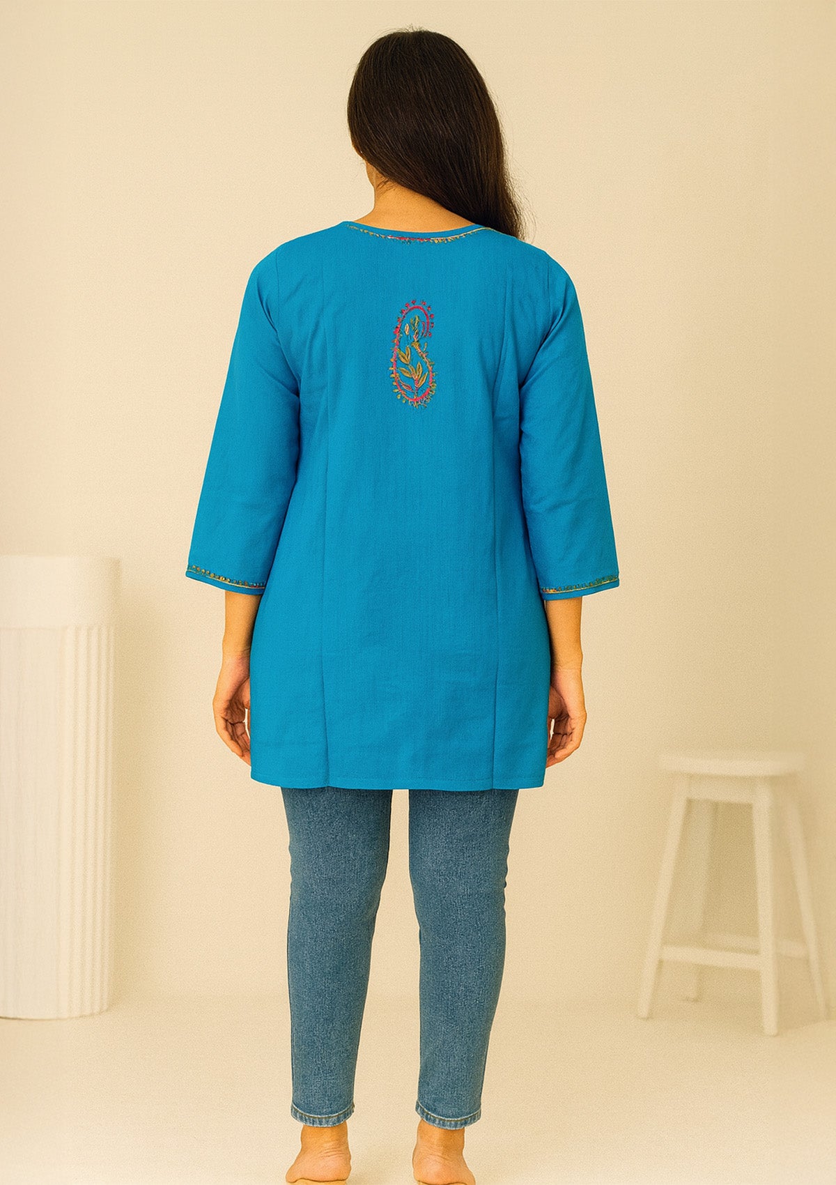 Turquoise Blue Embroidered Cotton Kurti – Short Length