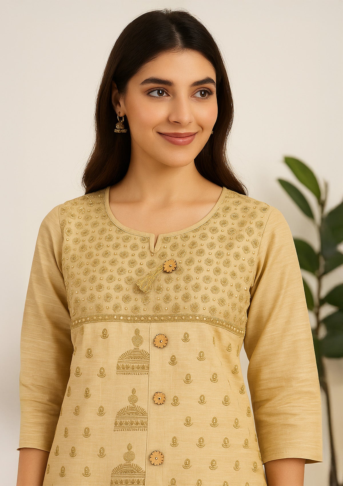 Luxury Beige Gold Silk Cotton Kurti with Hand Bead and Thread