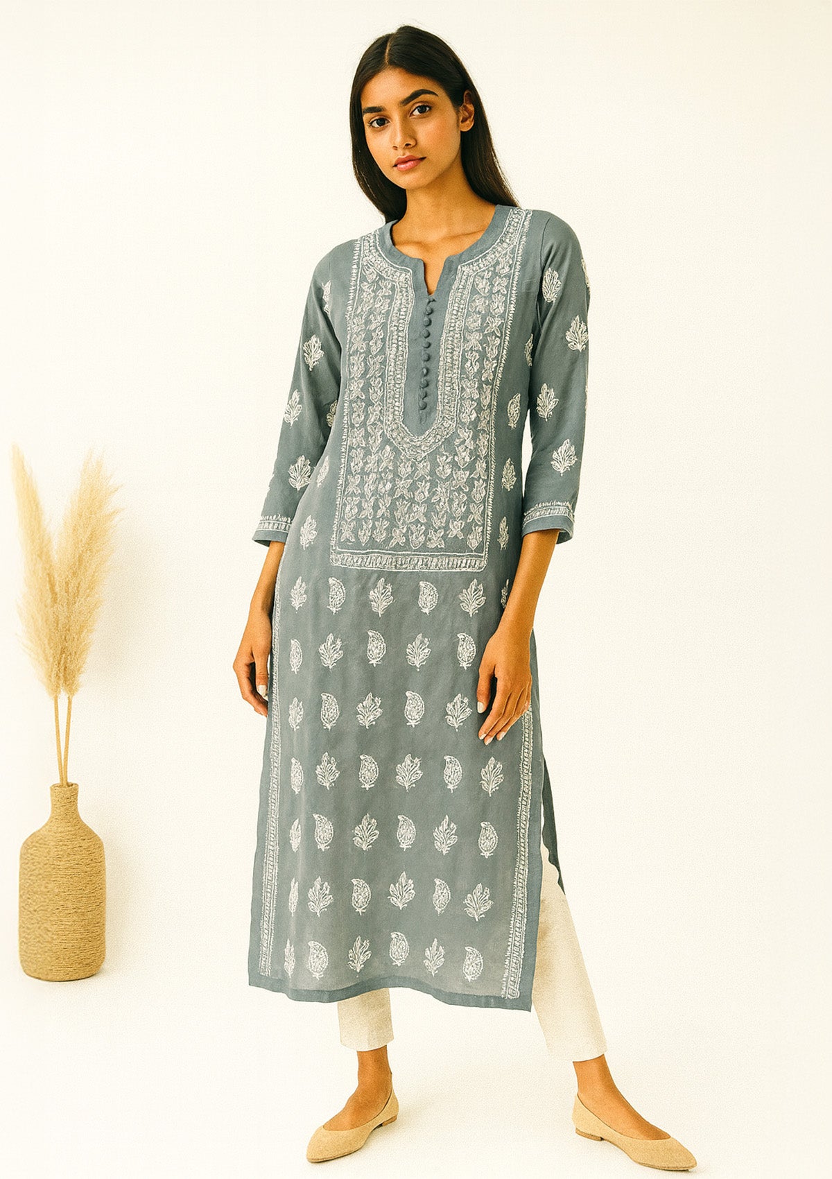 ClothingSutra Grey Georgette Kurti with White Chikankari Embroidery – Ethnic Wear