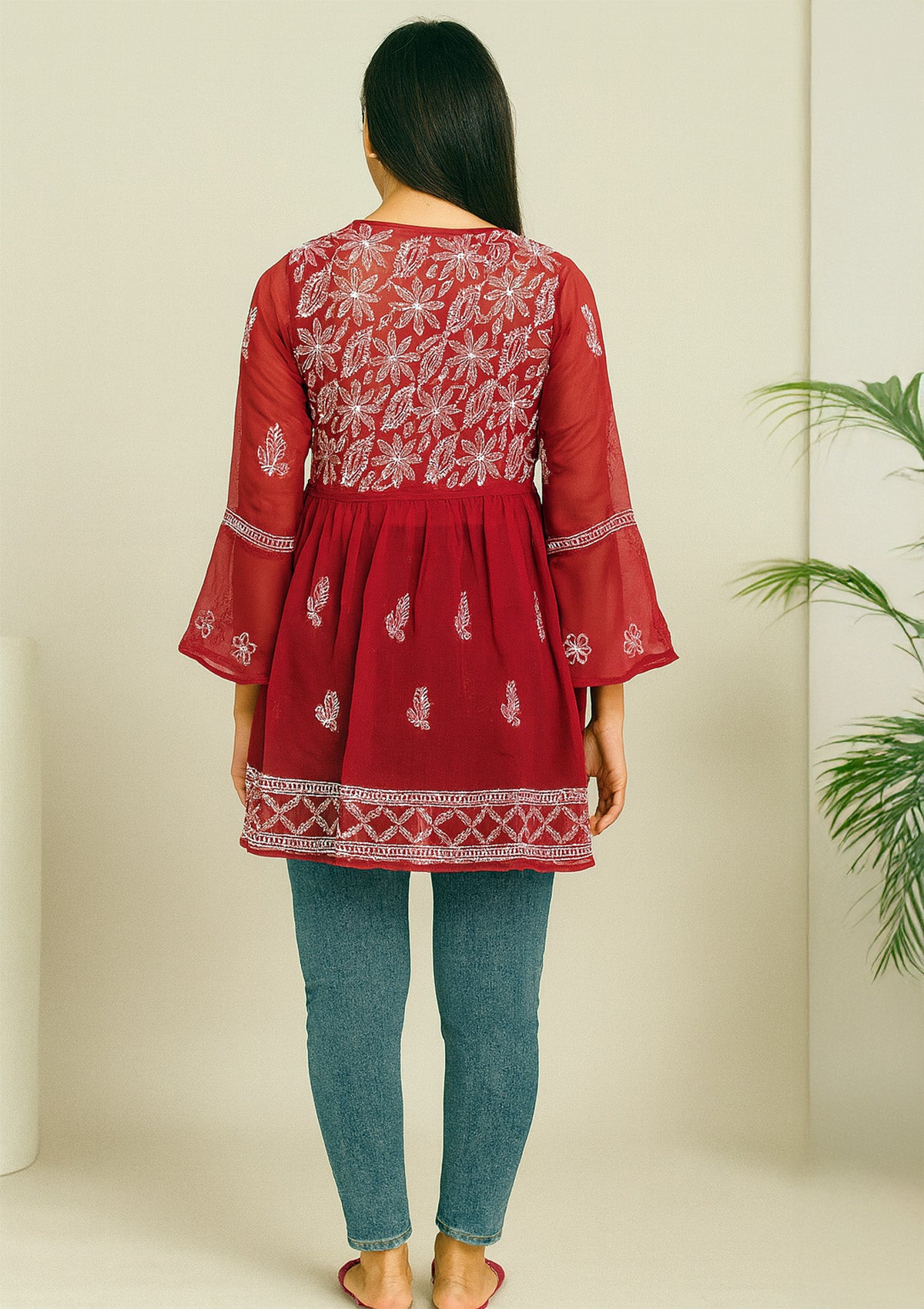 ClothingSutra Maroon Net Embroidered Frock-Style Kurti – Short Length