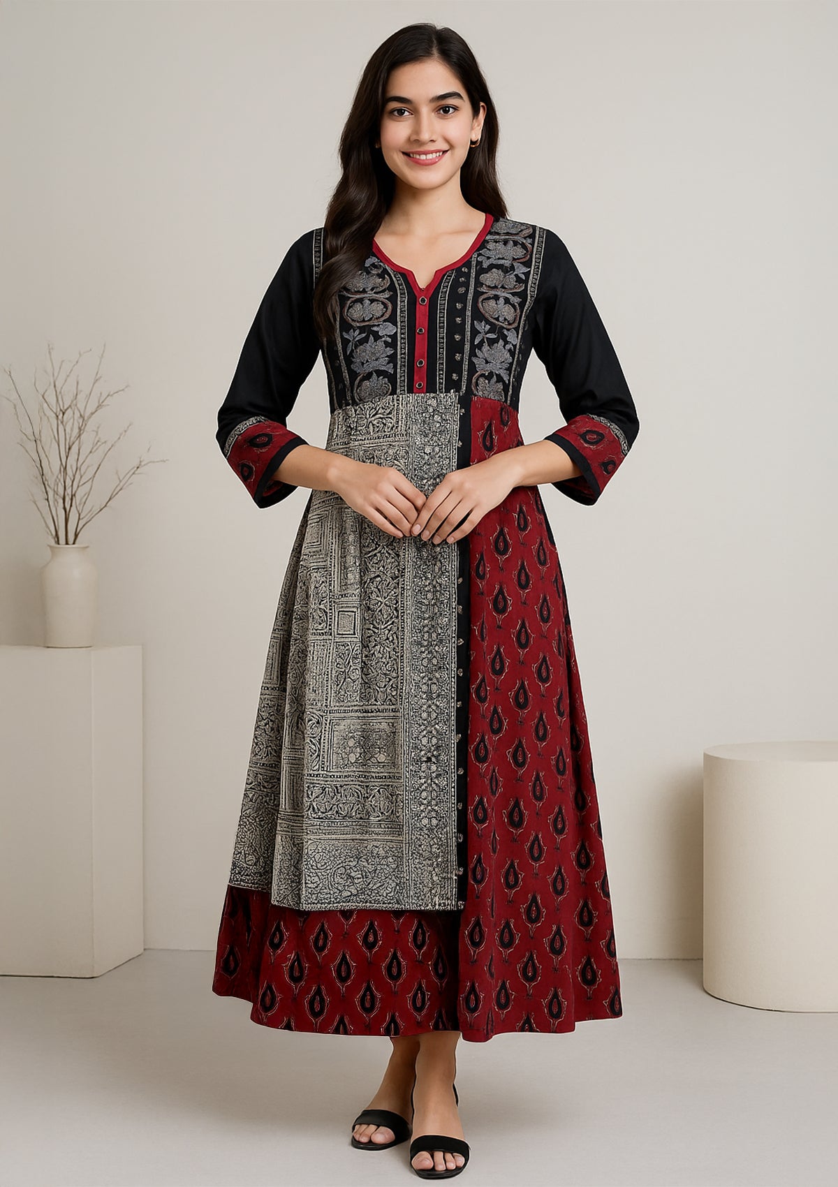 Black and Red Block Print Georgette One Piece Gown - Full Sleeve