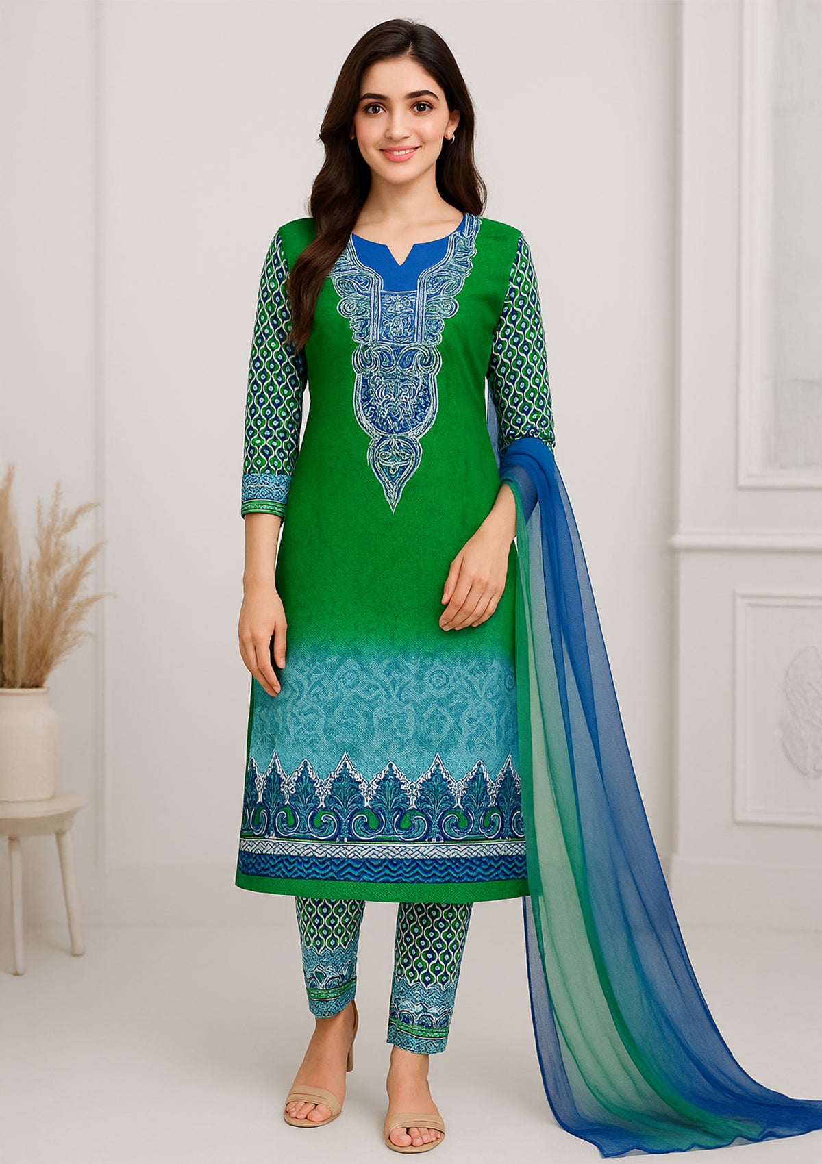 Green & Blue Printed Cotton Unstitched Suit Set with Designer Yoke
