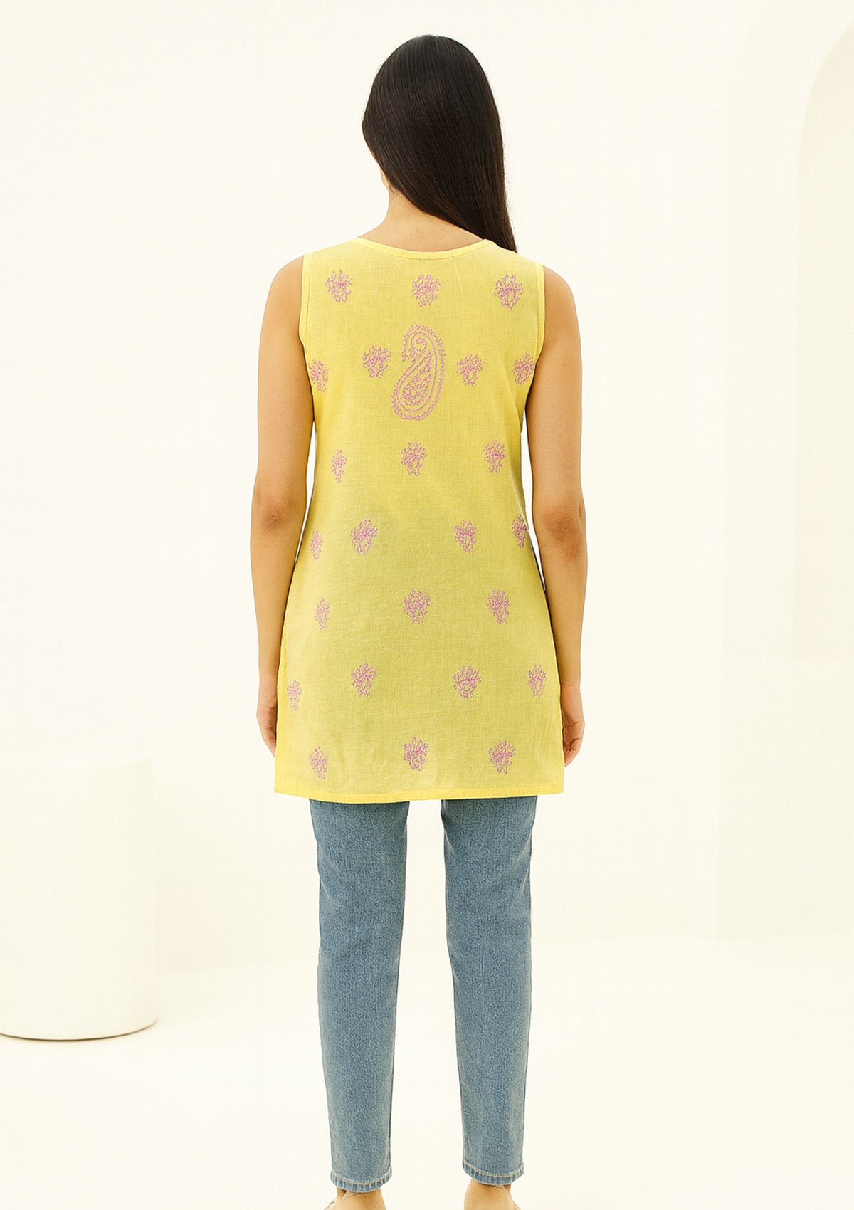 Elegant Sleeveless Cotton Kurti with Purple Embroidery – Short Length