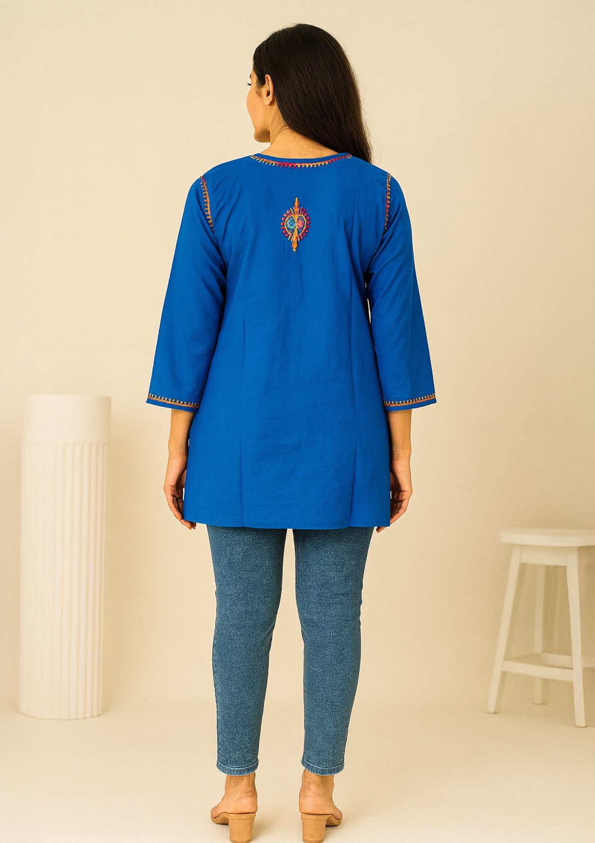 Royal Blue Embroidered Cotton Kurti – Short Length