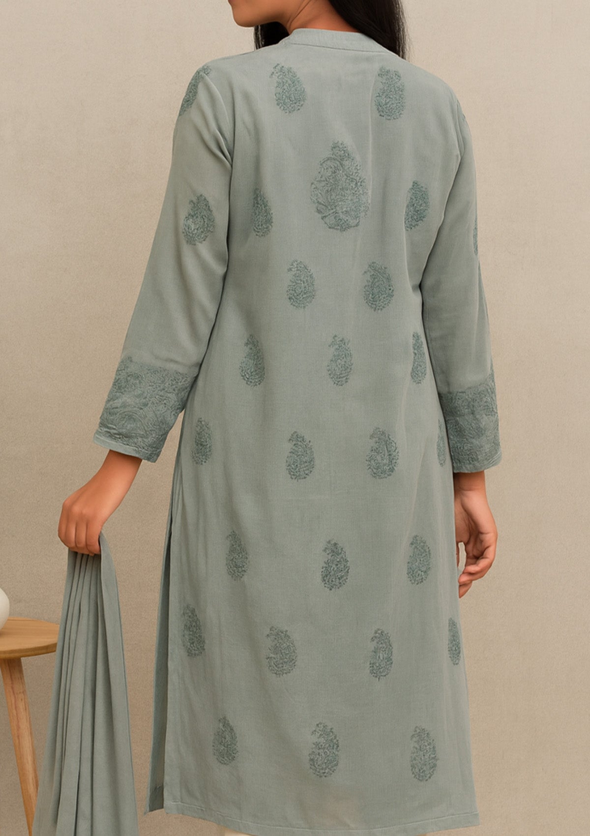 Chikankari Solid Women’s Kurta – Grey with Grey Embroidery (Georgette)