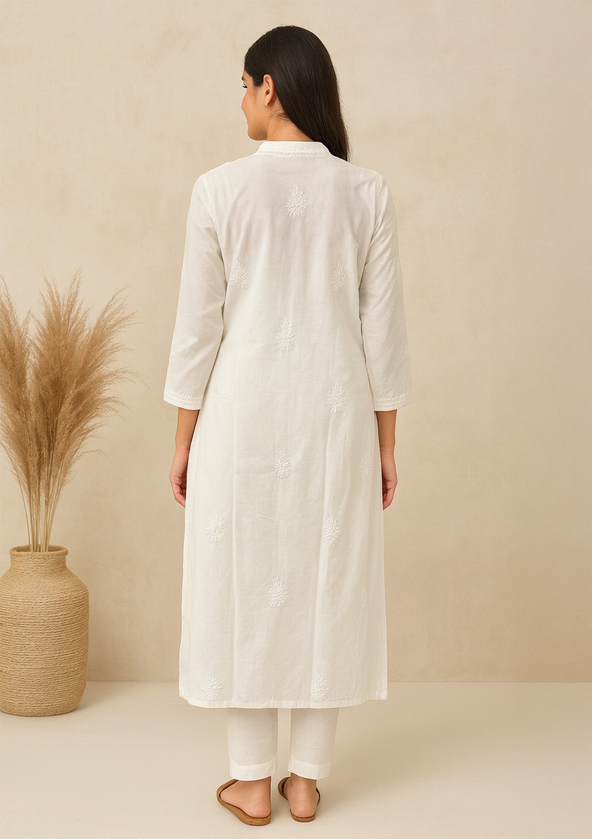 ClothingSutra Cotton Chikankari Long Kurta – Elegant White-on-White