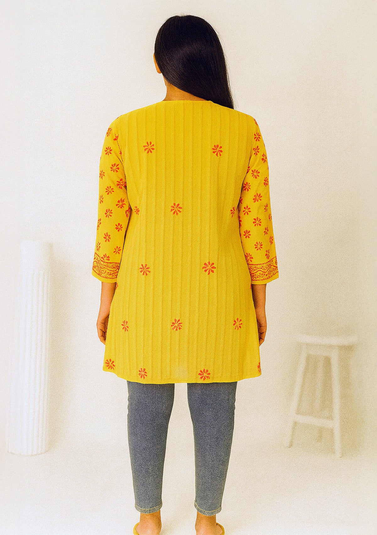 ClothingSutra Mustard Yellow Georgette Net Embroidered Kurti – Sequin Work